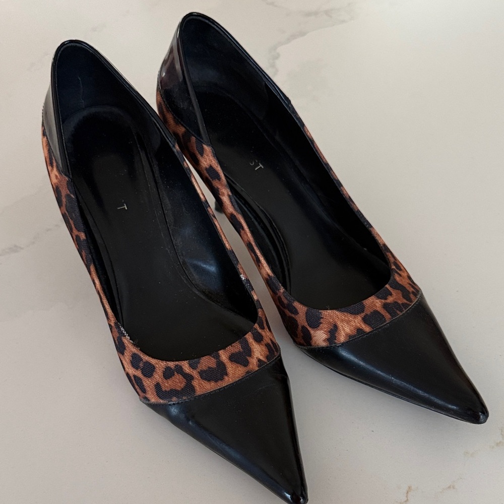 Nine West Black Pointed Toe Pumps with Leopard Print Trim